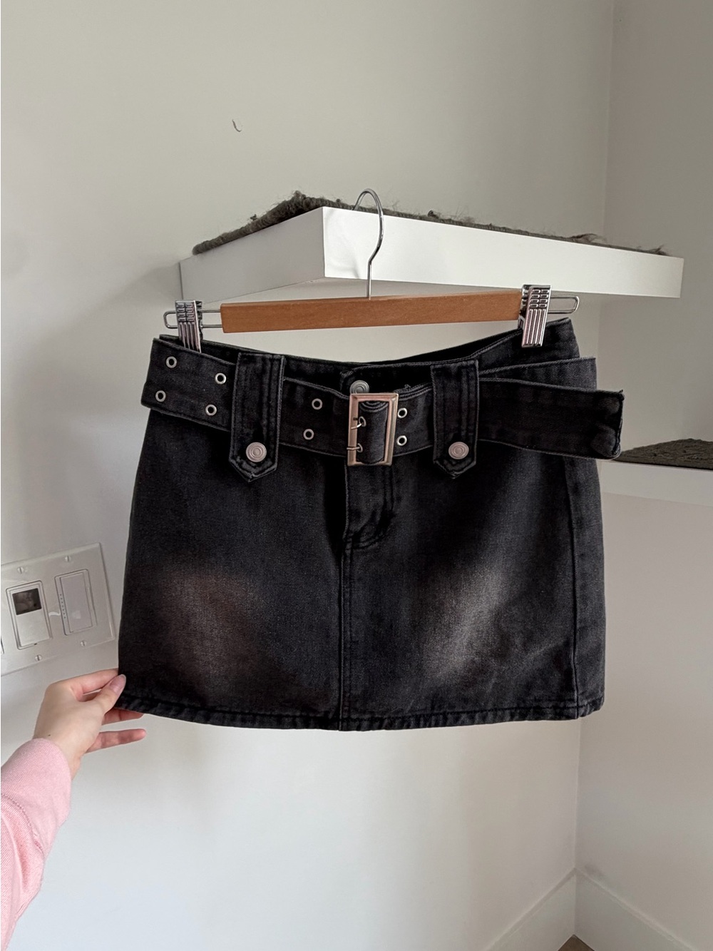 Classic Black Denim Mini Skirt with Belt from Japan